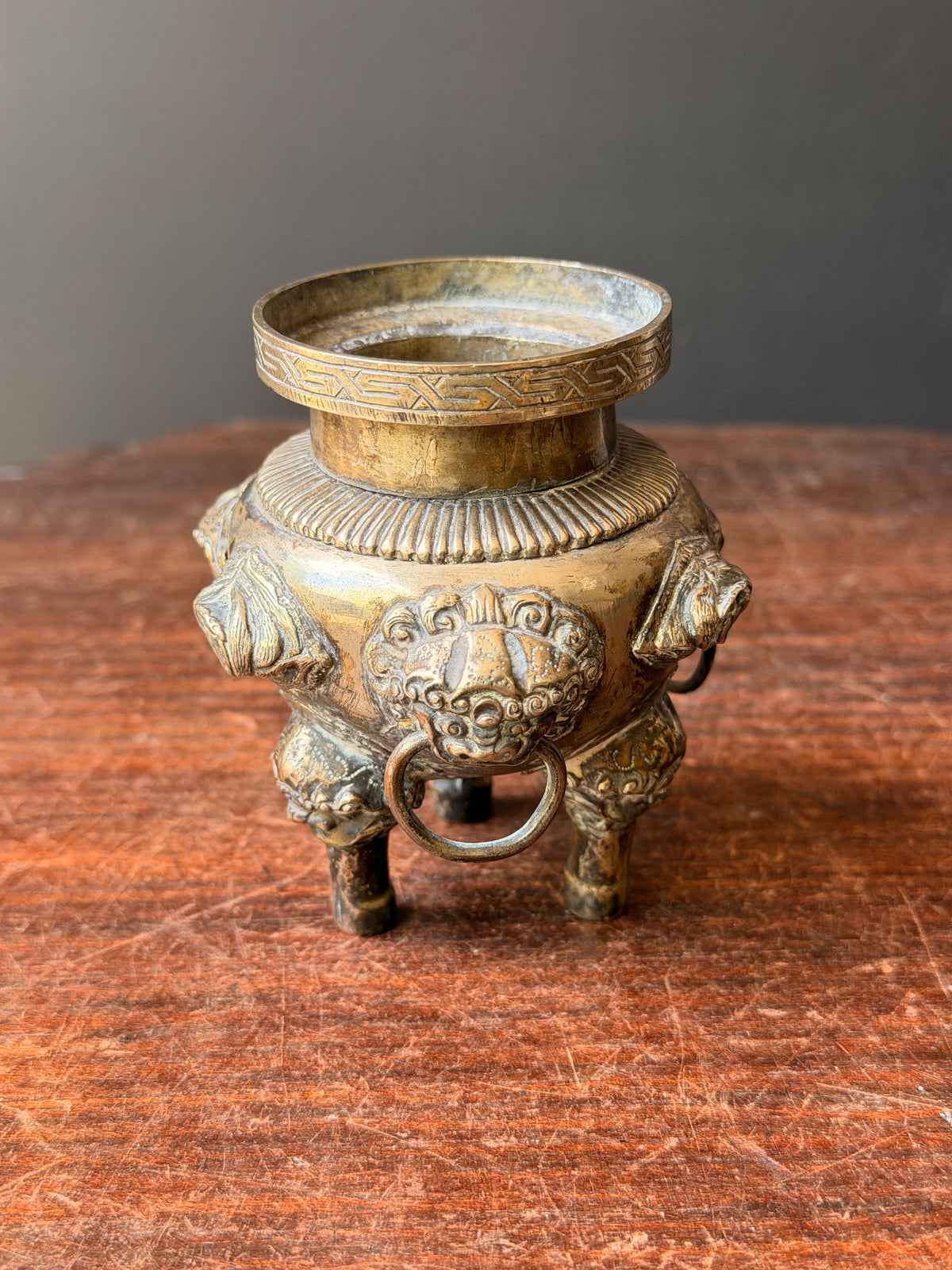 Vintage Chinese Silvered Brass Tripod Censer Incense Burner Lion Ring Handles