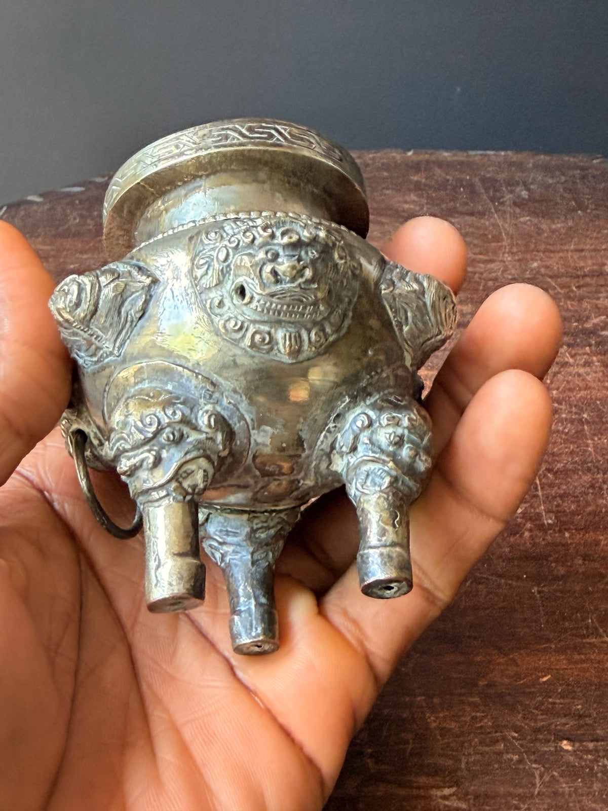 Vintage Chinese Silvered Brass Tripod Censer Incense Burner Lion Ring Handles