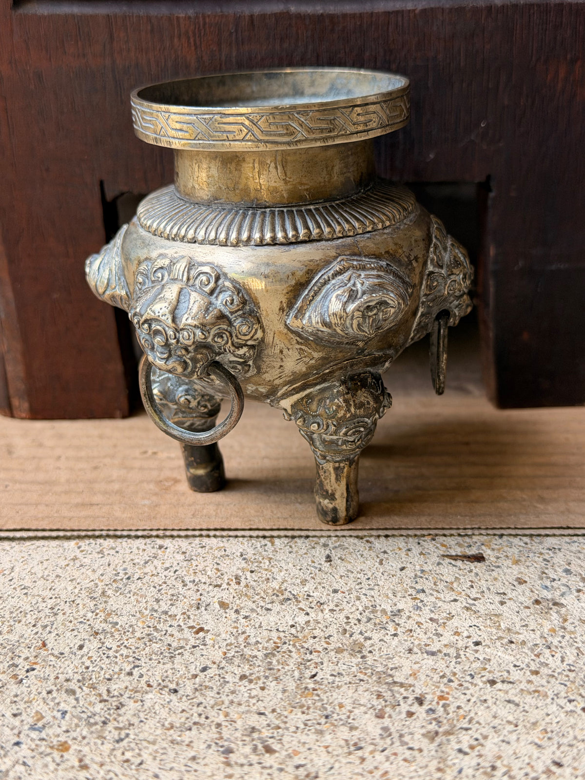 Vintage Chinese Silvered Brass Tripod Censer Incense Burner Lion Ring Handles