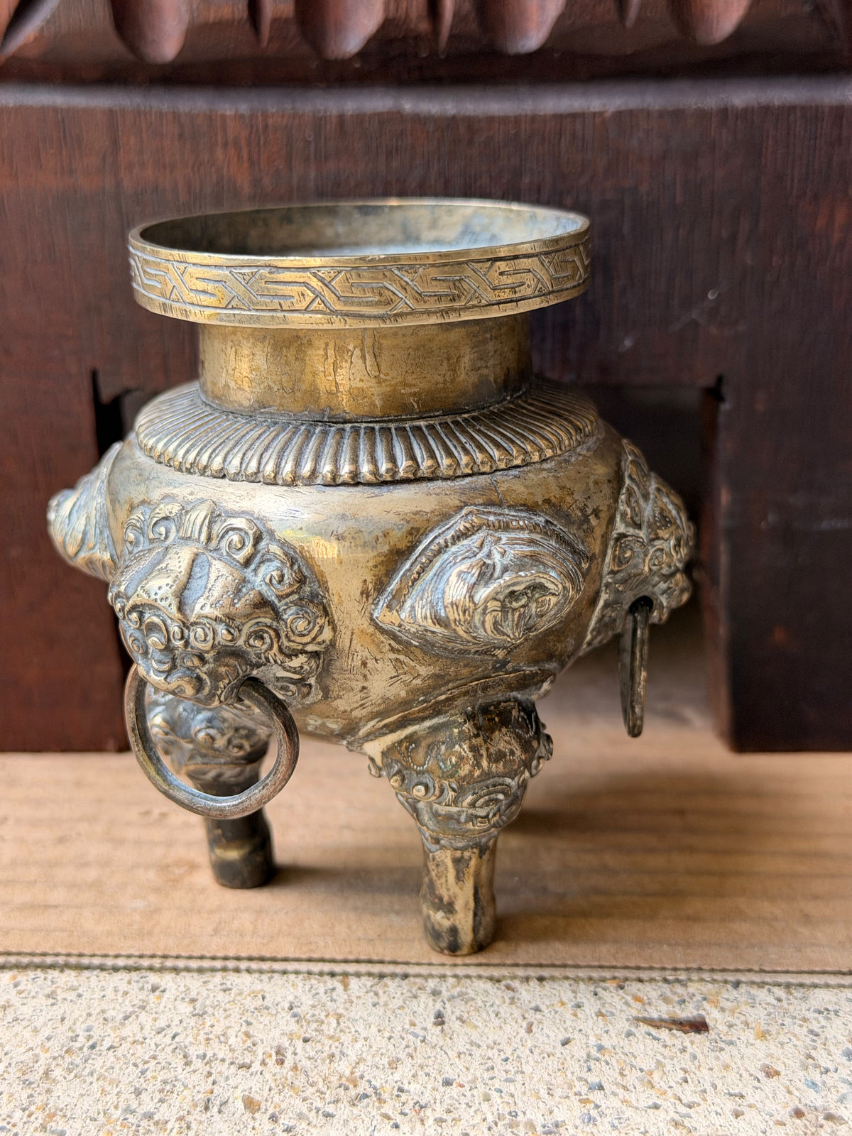 Vintage Chinese Silvered Brass Tripod Censer Incense Burner Lion Ring Handles