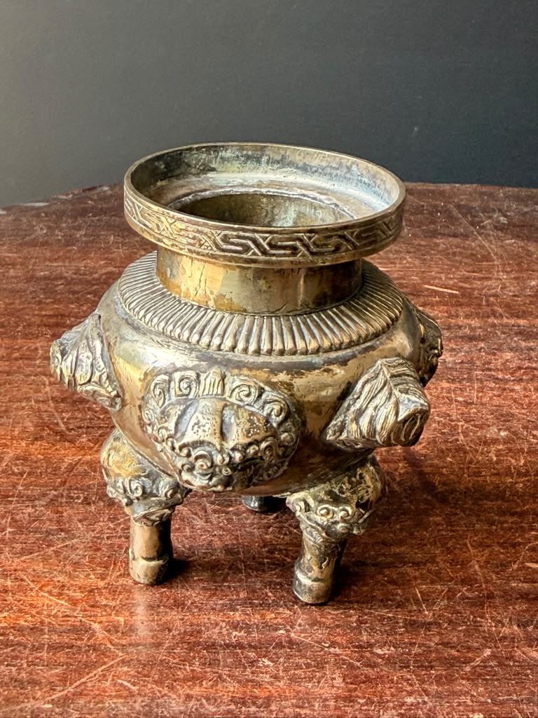 Vintage Chinese Silvered Brass Tripod Censer Incense Burner Lion Ring Handles