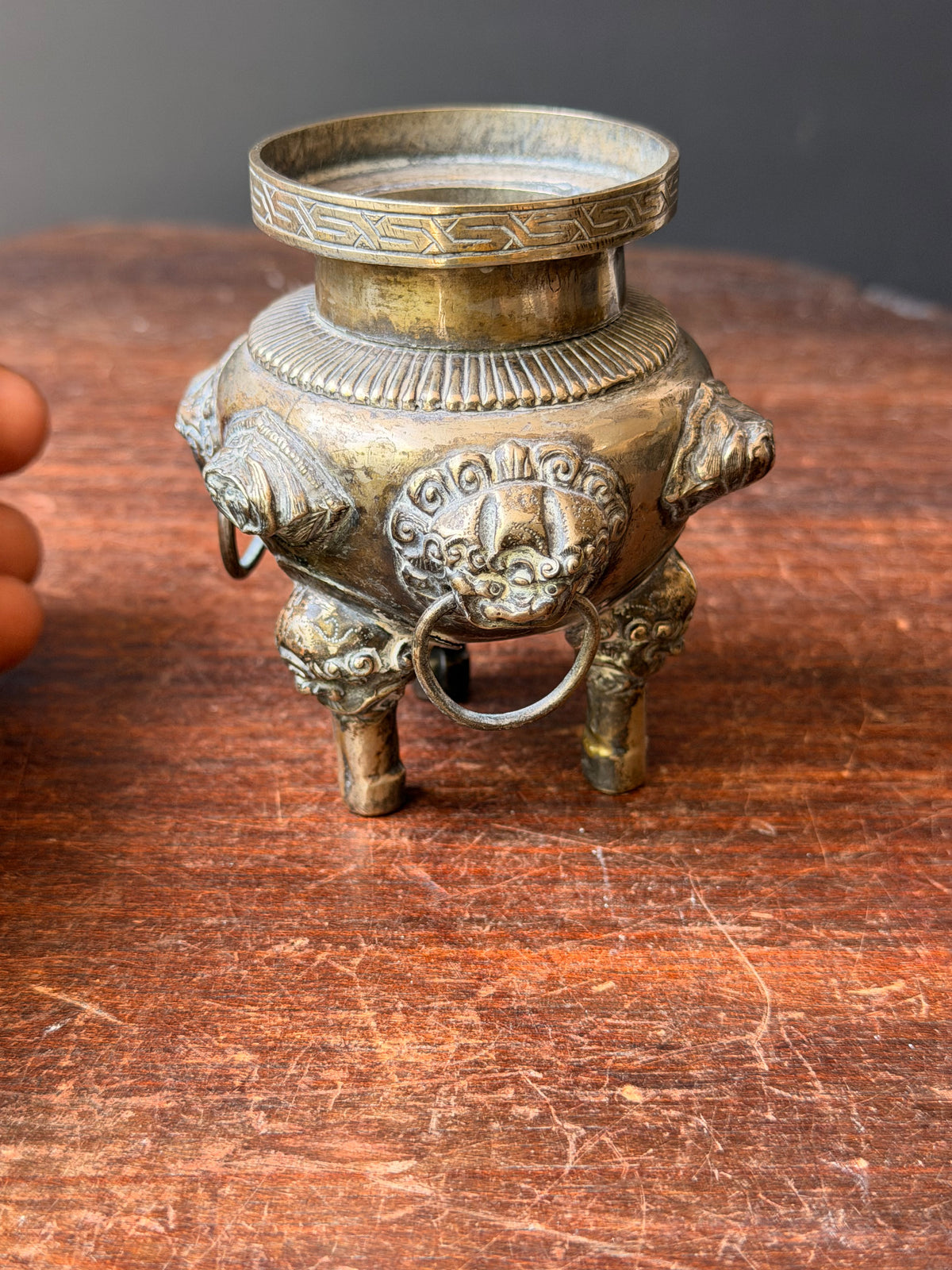 Vintage Chinese Silvered Brass Tripod Censer Incense Burner Lion Ring Handles