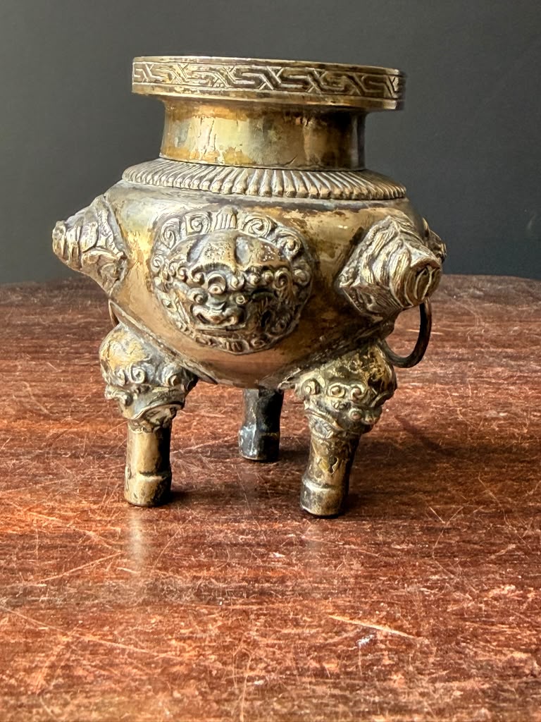 Vintage Chinese Silvered Brass Tripod Censer Incense Burner Lion Ring Handles