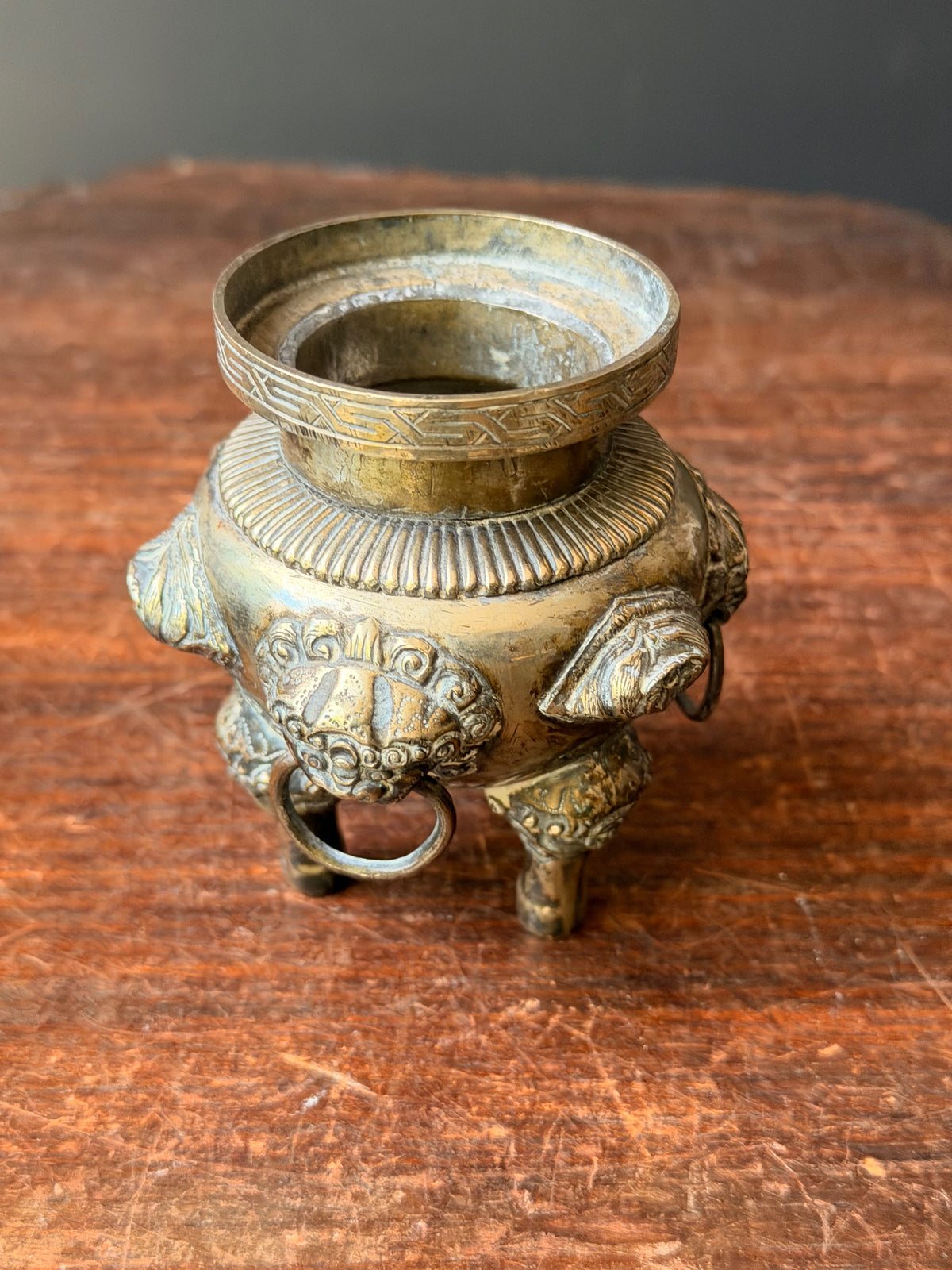 Vintage Chinese Silvered Brass Tripod Censer Incense Burner Lion Ring Handles