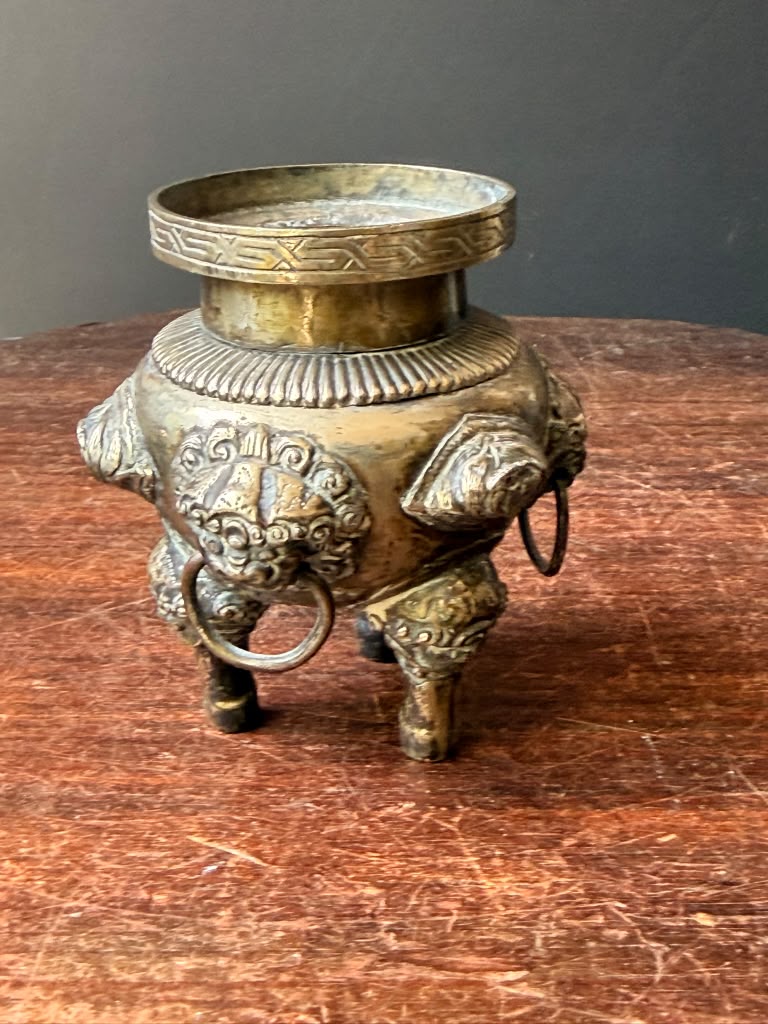 Vintage Chinese Silvered Brass Tripod Censer Incense Burner Lion Ring Handles