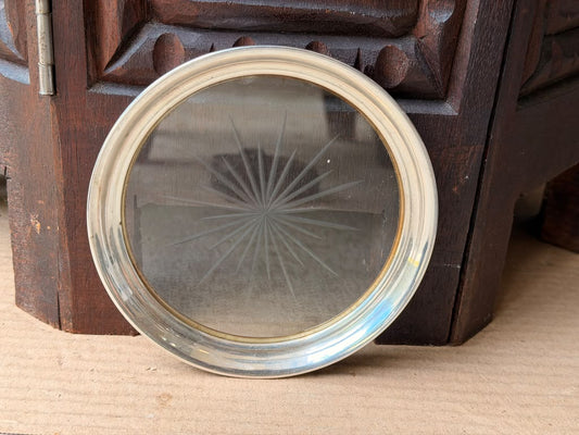 Vintage Sterling Silver Rim Starburst Cut Glass Wine Bottle Coaster Barware 5 in