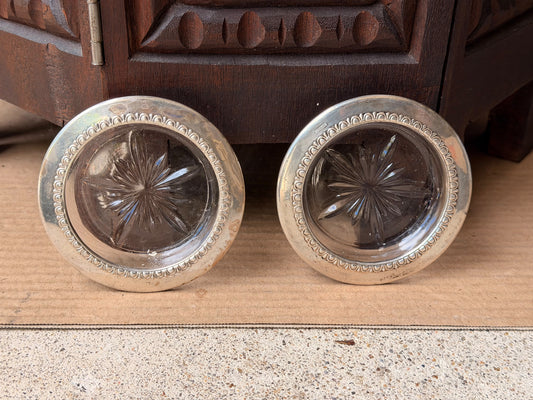 Vintage Sterling Silver Rim Cut Glass Coasters Pair Starburst Egg & Dart 3.8 in