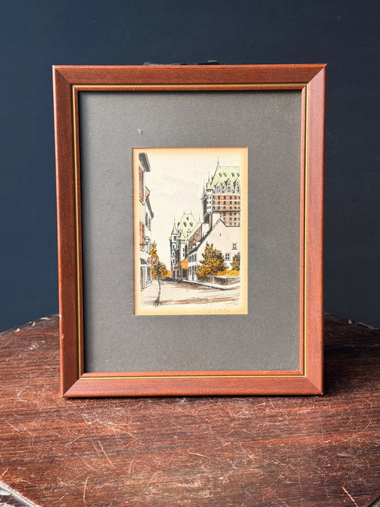 Vintage 1979 Quebec City Chateau Frontenac Ink Watercolor Signed Jobin Framed