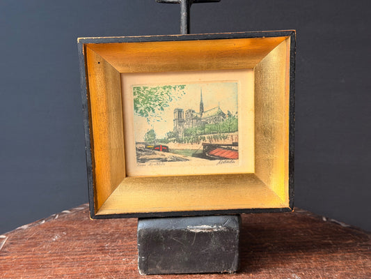 Vintage Leandri Hand Colored Etching Notre Dame Paris Quai Montebello Gold Frame