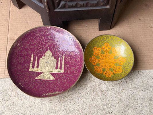 Vintage Indian Brass Enamel Dish Bowl Set Taj Mahal Floral Magenta Green 7.5in