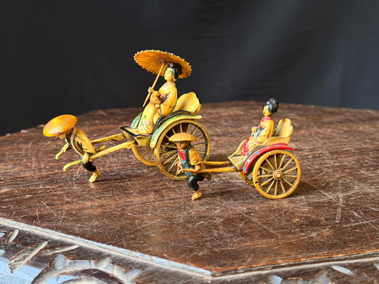 Vintage Japanese Celluloid Rickshaw Figurines Pair Geisha Parasol Runner 4 in
