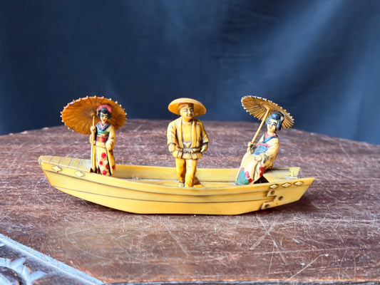 Vintage Japanese Celluloid River Boat Figurine Geisha Parasols Boatman 7 in