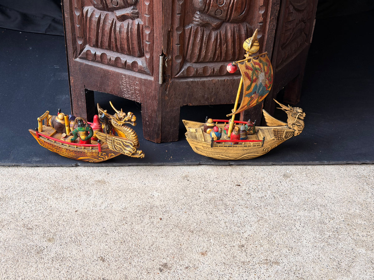 Vintage Japanese Celluloid Treasure Ship Pair Dragon Boats Lucky Gods Phoenix