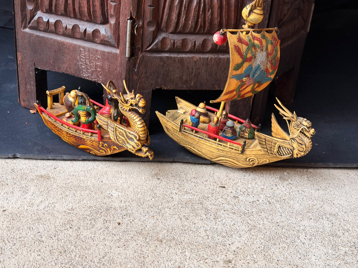 Vintage Japanese Celluloid Treasure Ship Pair Dragon Boats Lucky Gods Phoenix