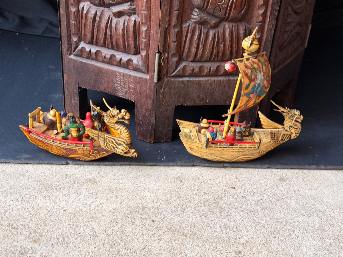 Vintage Japanese Celluloid Treasure Ship Pair Dragon Boats Lucky Gods Phoenix
