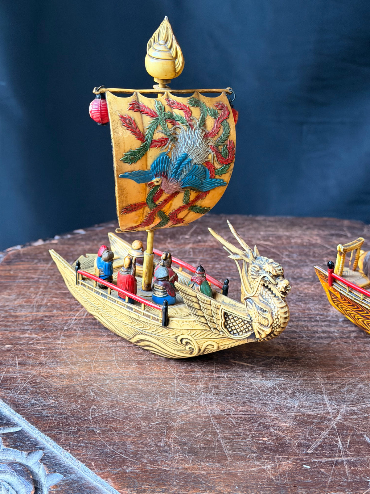 Vintage Japanese Celluloid Treasure Ship Pair Dragon Boats Lucky Gods Phoenix