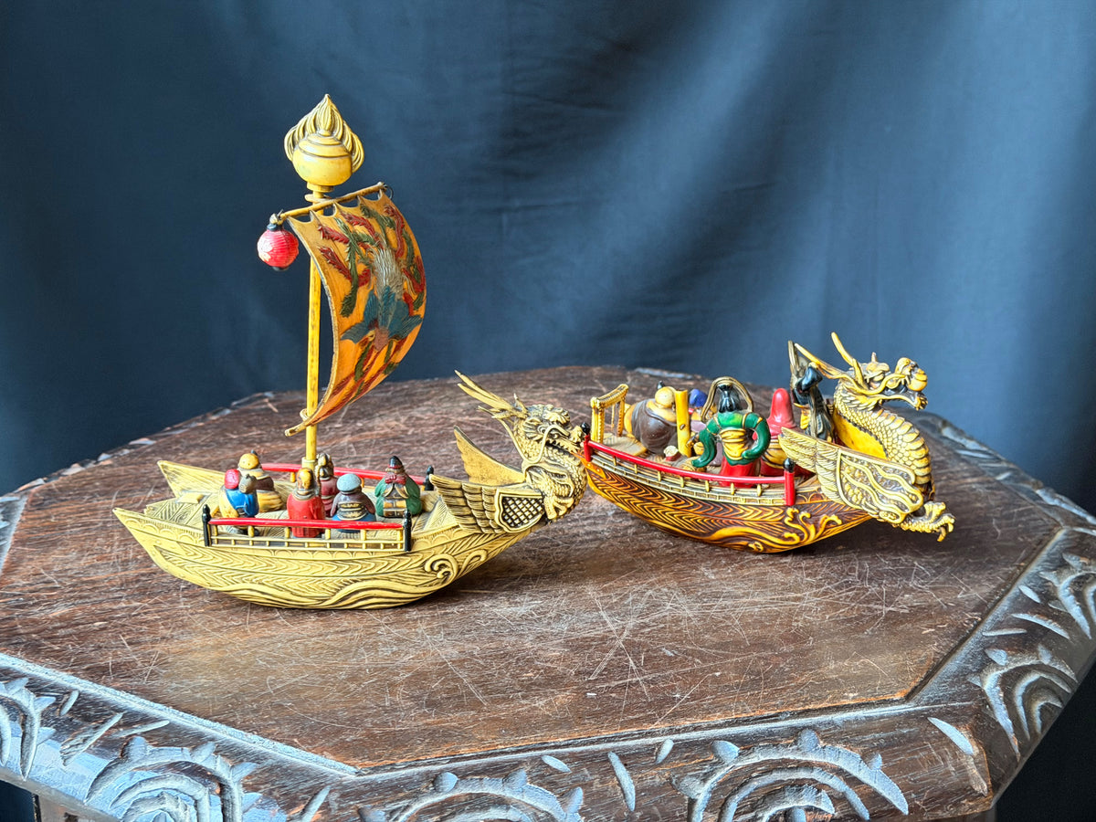 Vintage Japanese Celluloid Treasure Ship Pair Dragon Boats Lucky Gods Phoenix