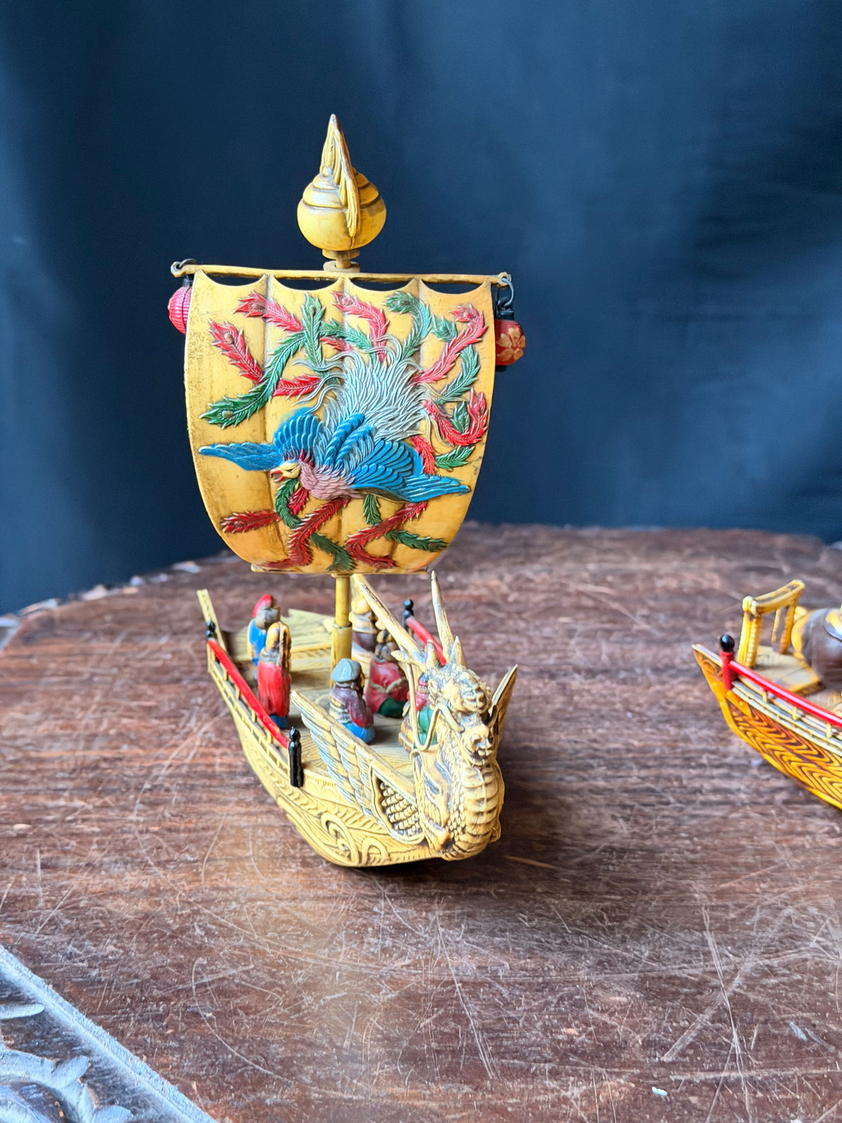 Vintage Japanese Celluloid Treasure Ship Pair Dragon Boats Lucky Gods Phoenix
