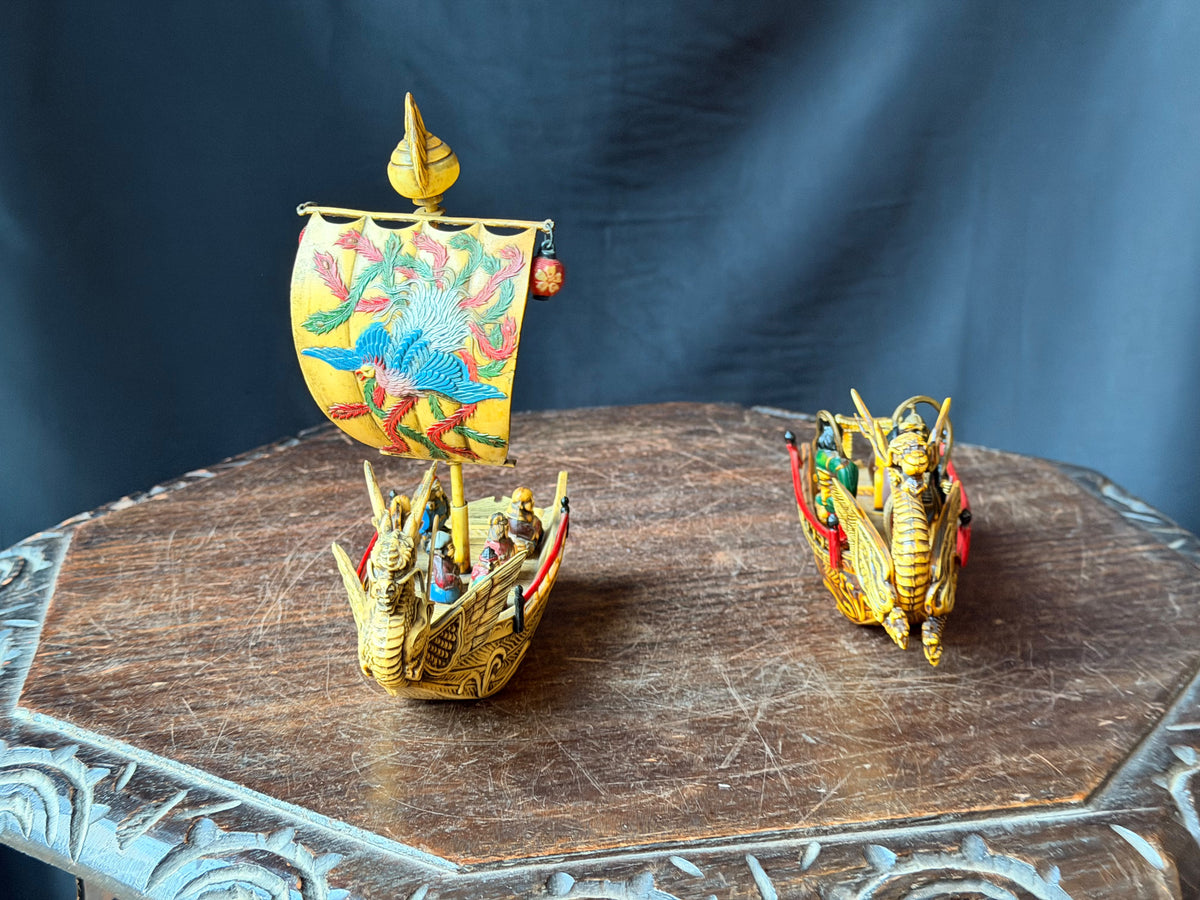 Vintage Japanese Celluloid Treasure Ship Pair Dragon Boats Lucky Gods Phoenix