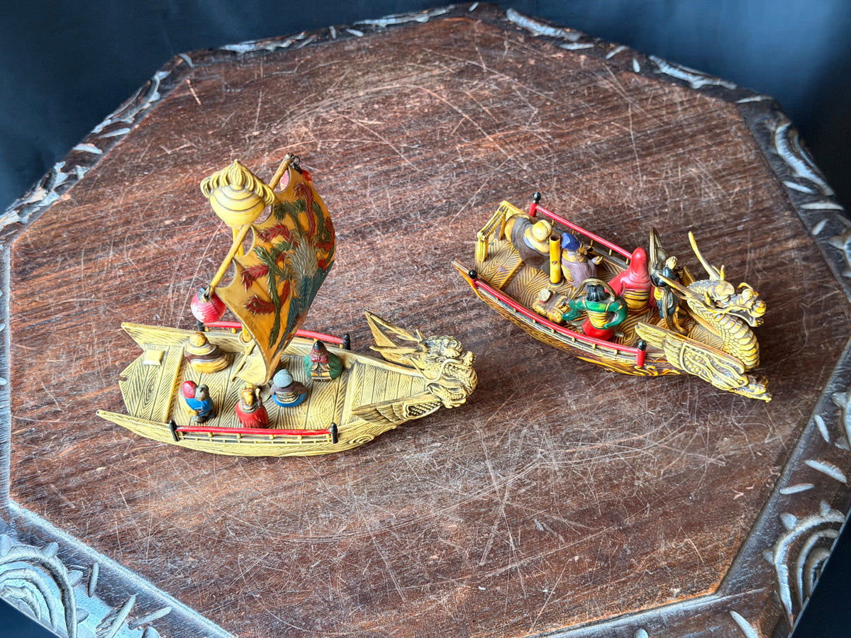 Vintage Japanese Celluloid Treasure Ship Pair Dragon Boats Lucky Gods Phoenix