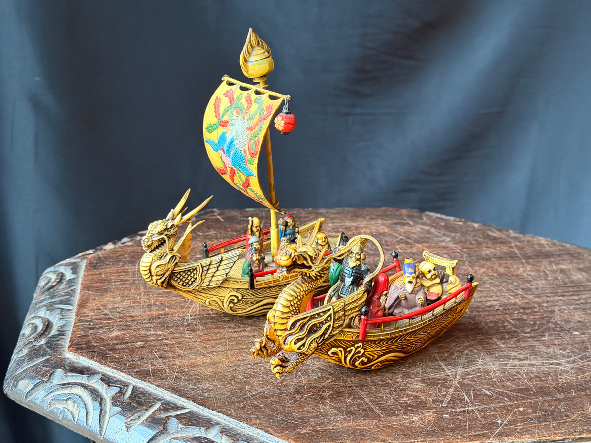 Vintage Japanese Celluloid Treasure Ship Pair Dragon Boats Lucky Gods Phoenix