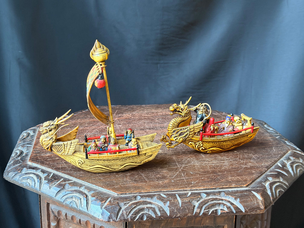 Vintage Japanese Celluloid Treasure Ship Pair Dragon Boats Lucky Gods Phoenix