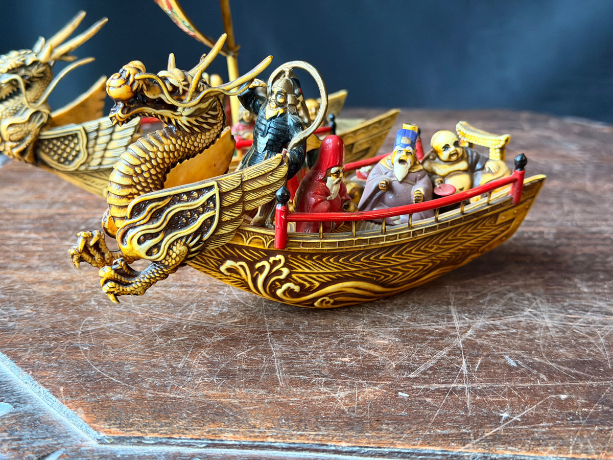 Vintage Japanese Celluloid Treasure Ship Pair Dragon Boats Lucky Gods Phoenix