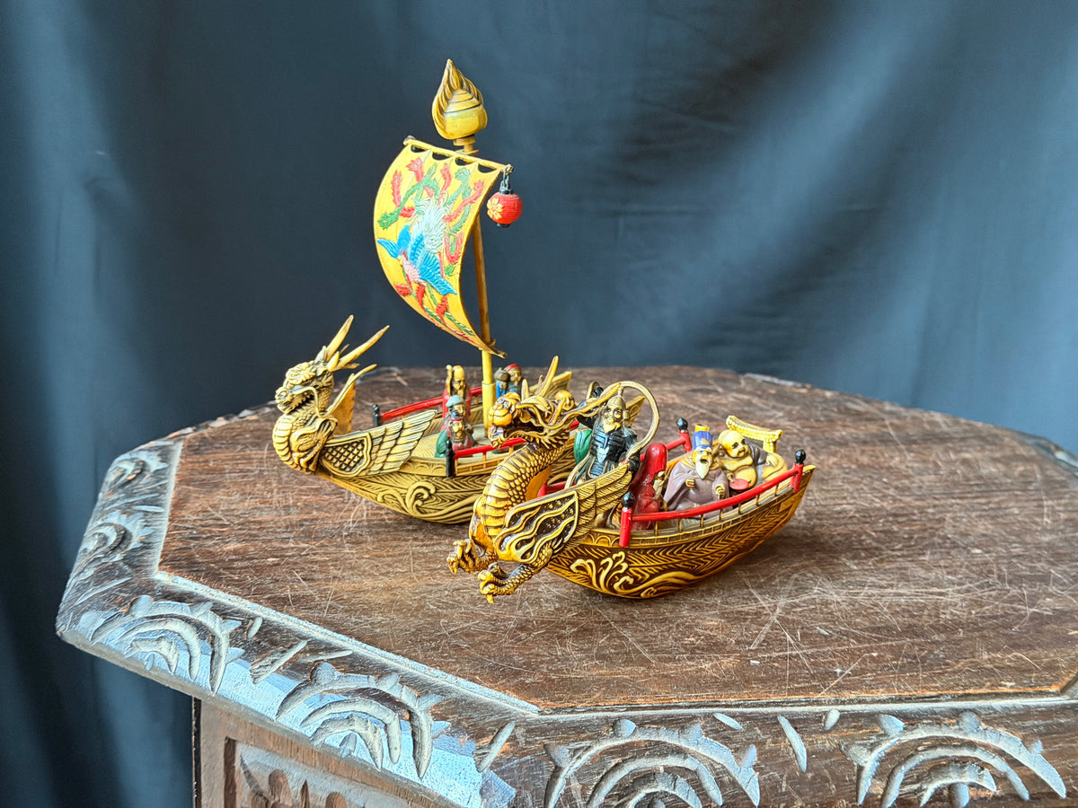 Vintage Japanese Celluloid Treasure Ship Pair Dragon Boats Lucky Gods Phoenix
