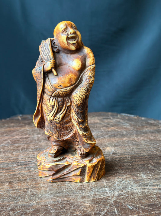 Vintage Laughing Buddha Hotei Figurine Fan Faux Ivory Resin Action Italy 6.5 in