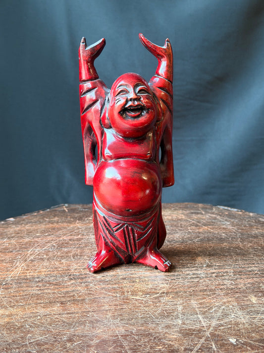 Vintage Carved Wood Laughing Buddha Hotei Statue Arms Raised Red 8 in