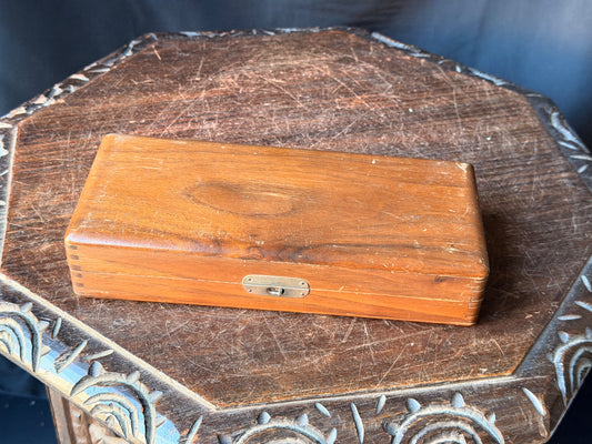 Vintage Teak Wood Hinged Box Finger Jointed Corners Keepsake Pencil Box 10 in