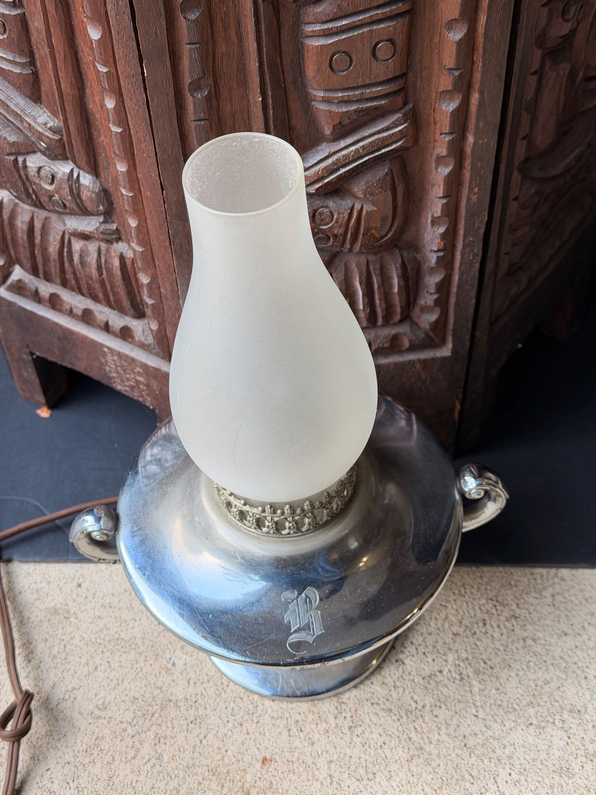 Vintage Wilcox Silver on Pewter Hurricane Table Lamp Frosted Glass Shade 11.5in