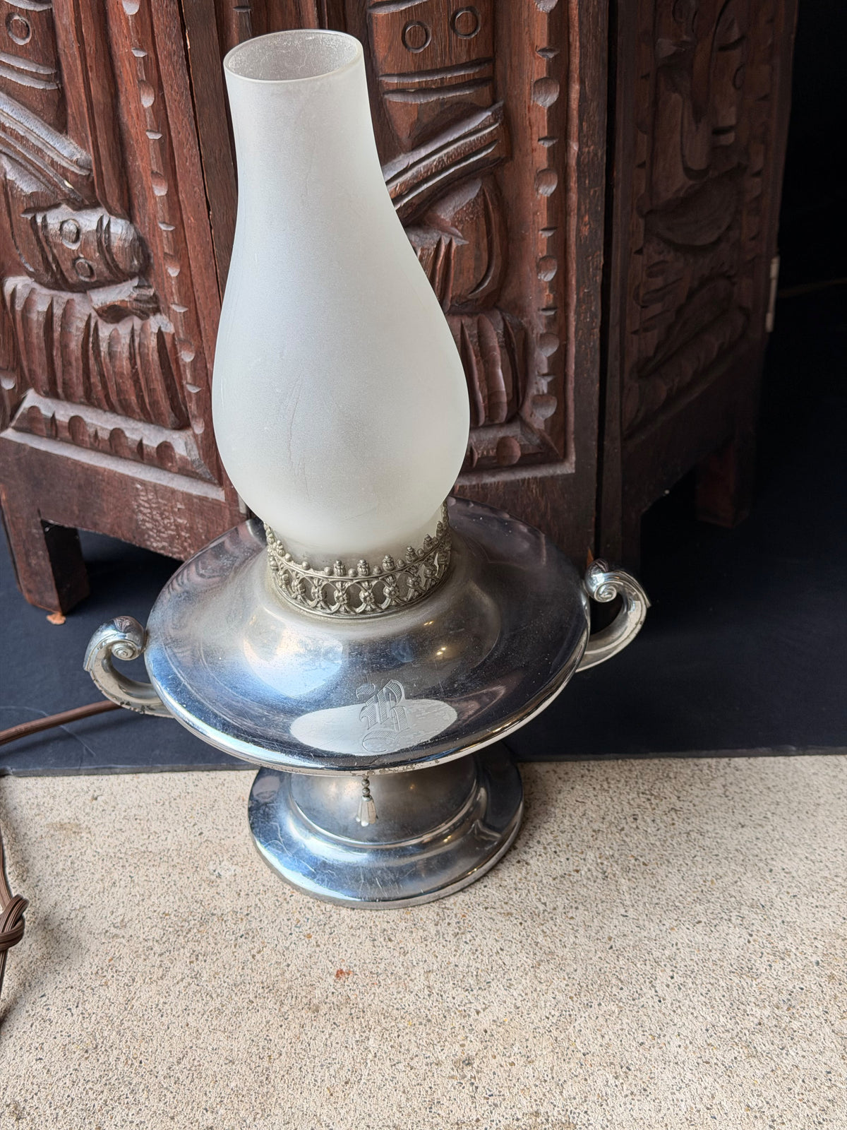 Vintage Wilcox Silver on Pewter Hurricane Table Lamp Frosted Glass Shade 11.5in