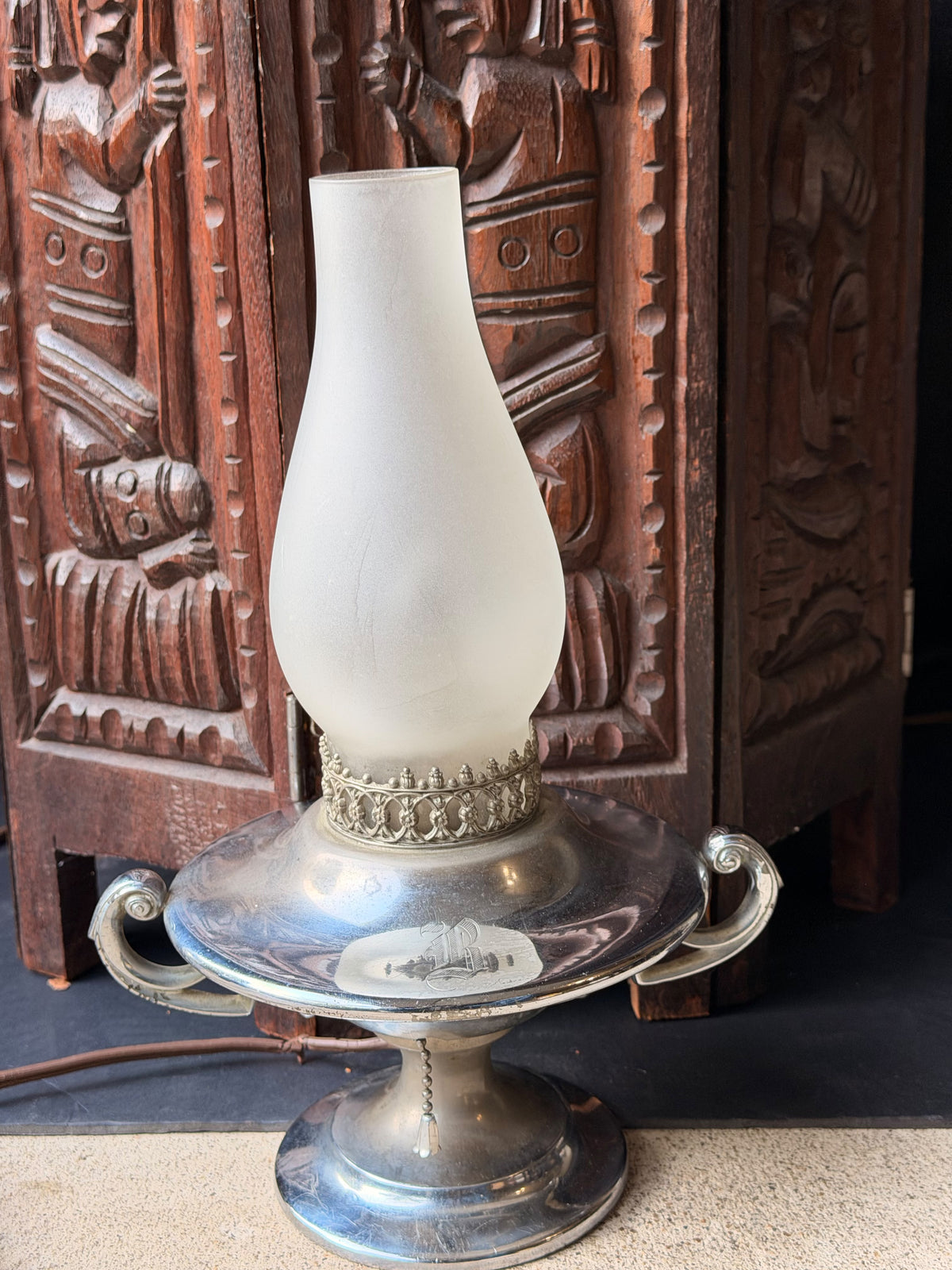 Vintage Wilcox Silver on Pewter Hurricane Table Lamp Frosted Glass Shade 11.5in