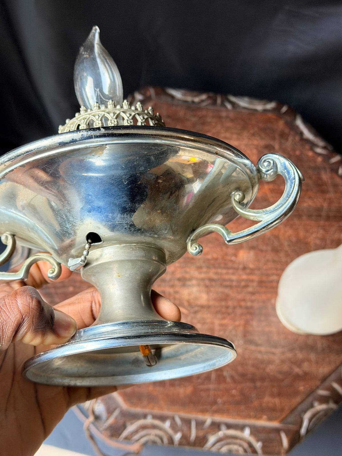 Vintage Wilcox Silver on Pewter Hurricane Table Lamp Frosted Glass Shade 11.5in