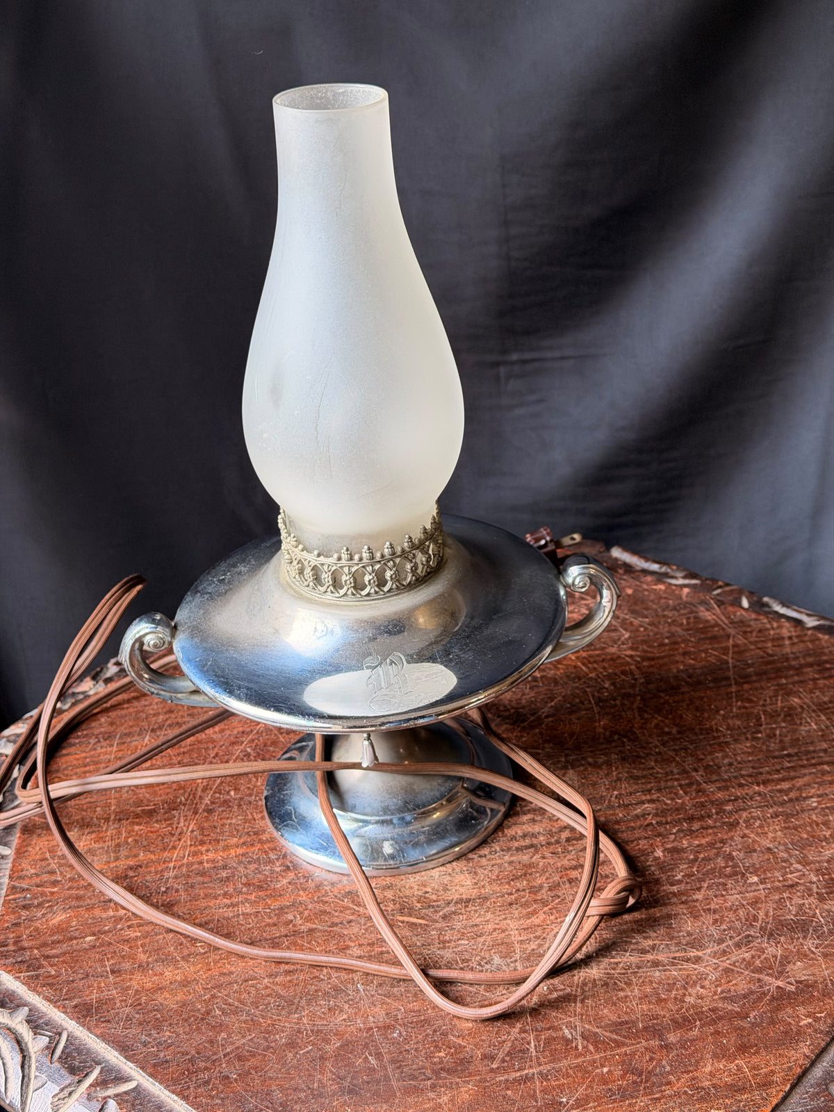 Vintage Wilcox Silver on Pewter Hurricane Table Lamp Frosted Glass Shade 11.5in