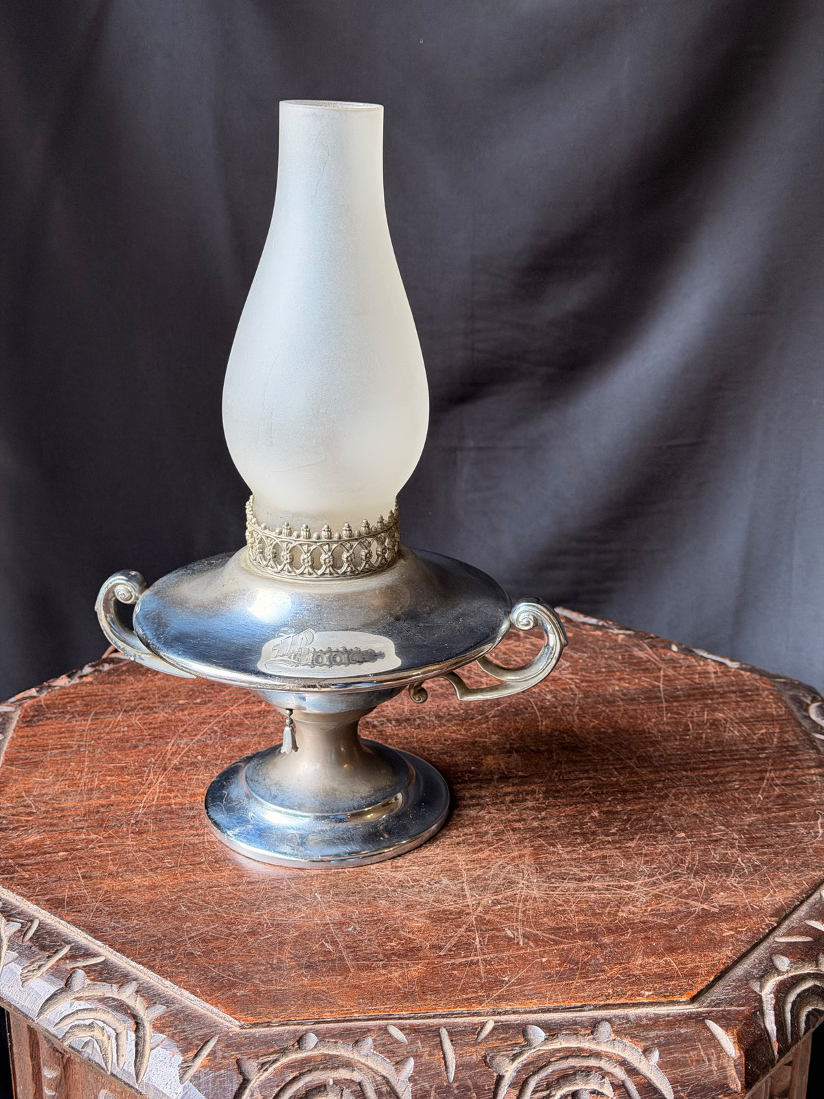 Vintage Wilcox Silver on Pewter Hurricane Table Lamp Frosted Glass Shade 11.5in
