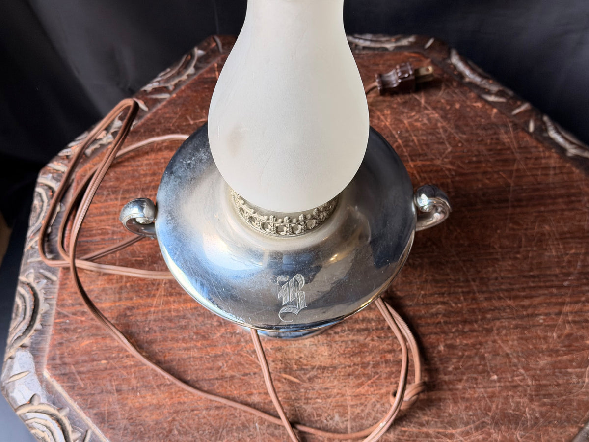 Vintage Wilcox Silver on Pewter Hurricane Table Lamp Frosted Glass Shade 11.5in