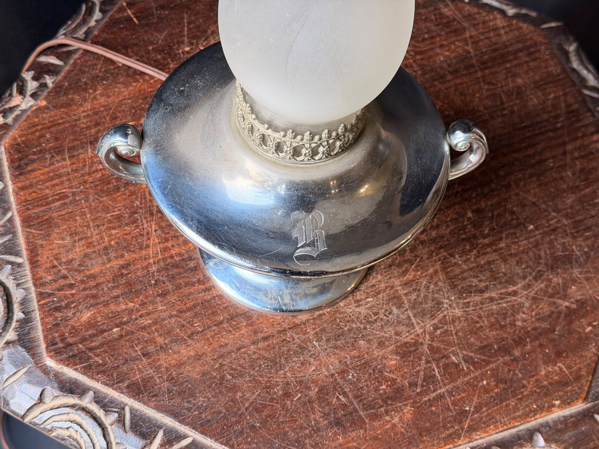 Vintage Wilcox Silver on Pewter Hurricane Table Lamp Frosted Glass Shade 11.5in