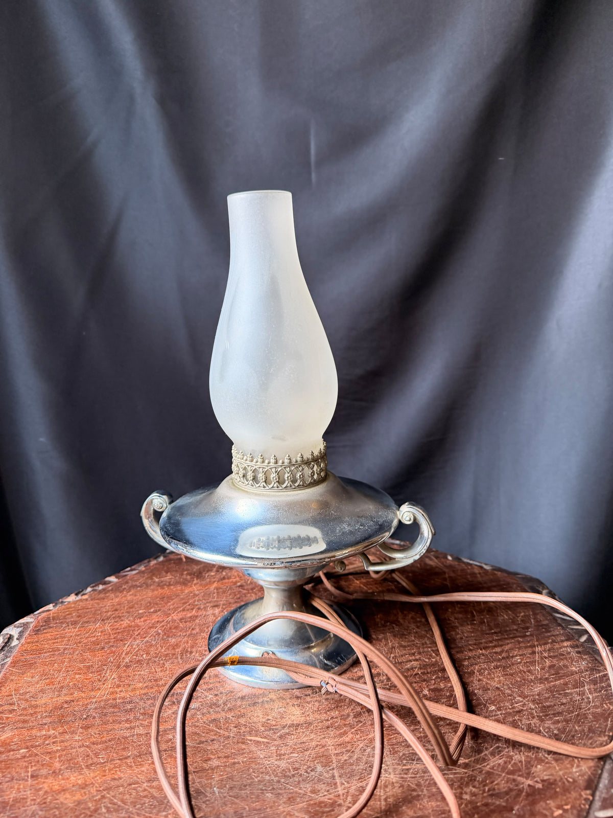 Vintage Wilcox Silver on Pewter Hurricane Table Lamp Frosted Glass Shade 11.5in