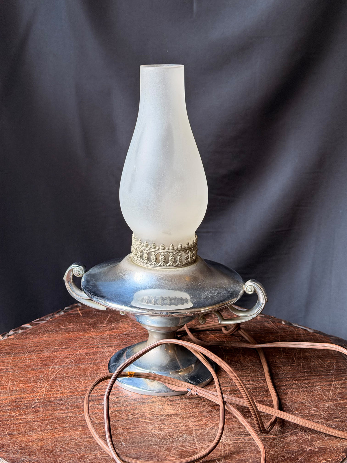 Vintage Wilcox Silver on Pewter Hurricane Table Lamp Frosted Glass Shade 11.5in