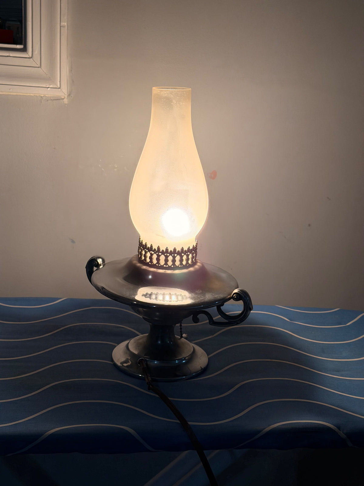 Vintage Wilcox Silver on Pewter Hurricane Table Lamp Frosted Glass Shade 11.5in