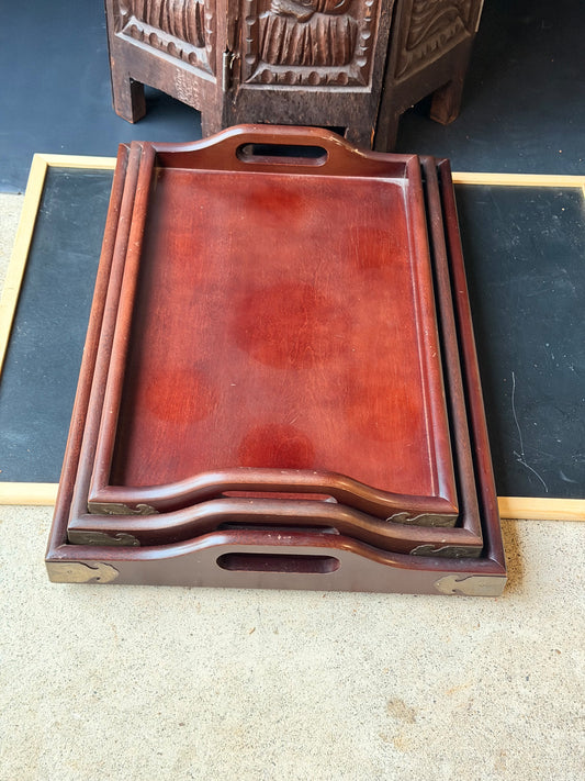 Vintage Asian Wood Nesting Serving Trays Set of 3 Brass Corner Mounts 19 in