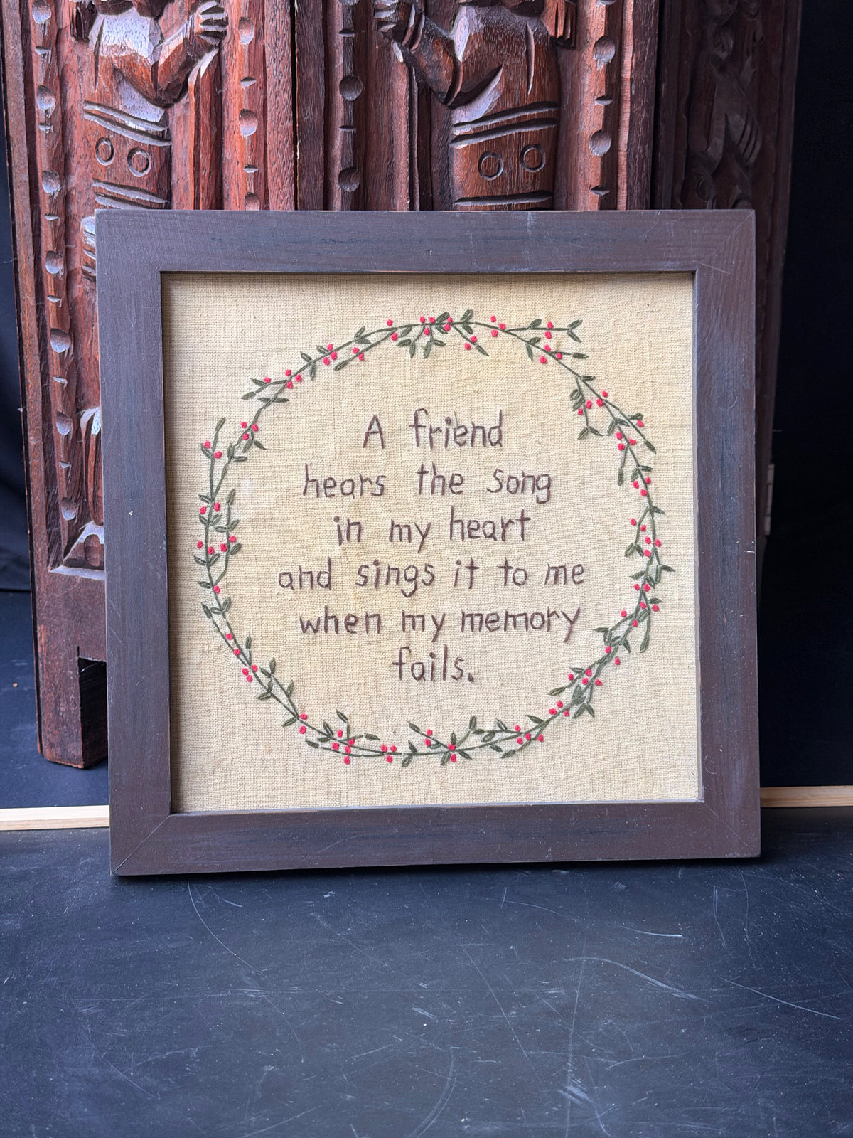Vintage Framed Hand Embroidery A Friend Hears the Song in My Heart Wreath 10.6in
