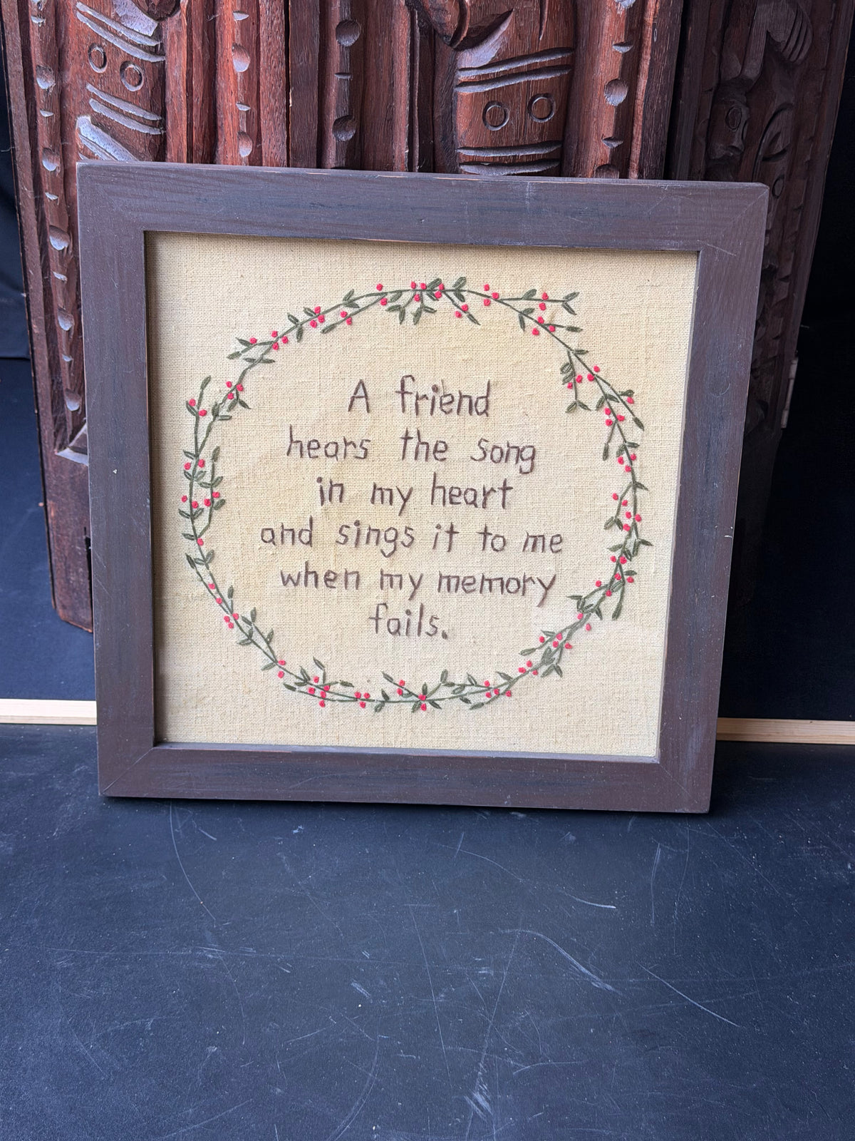 Vintage Framed Hand Embroidery A Friend Hears the Song in My Heart Wreath 10.6in