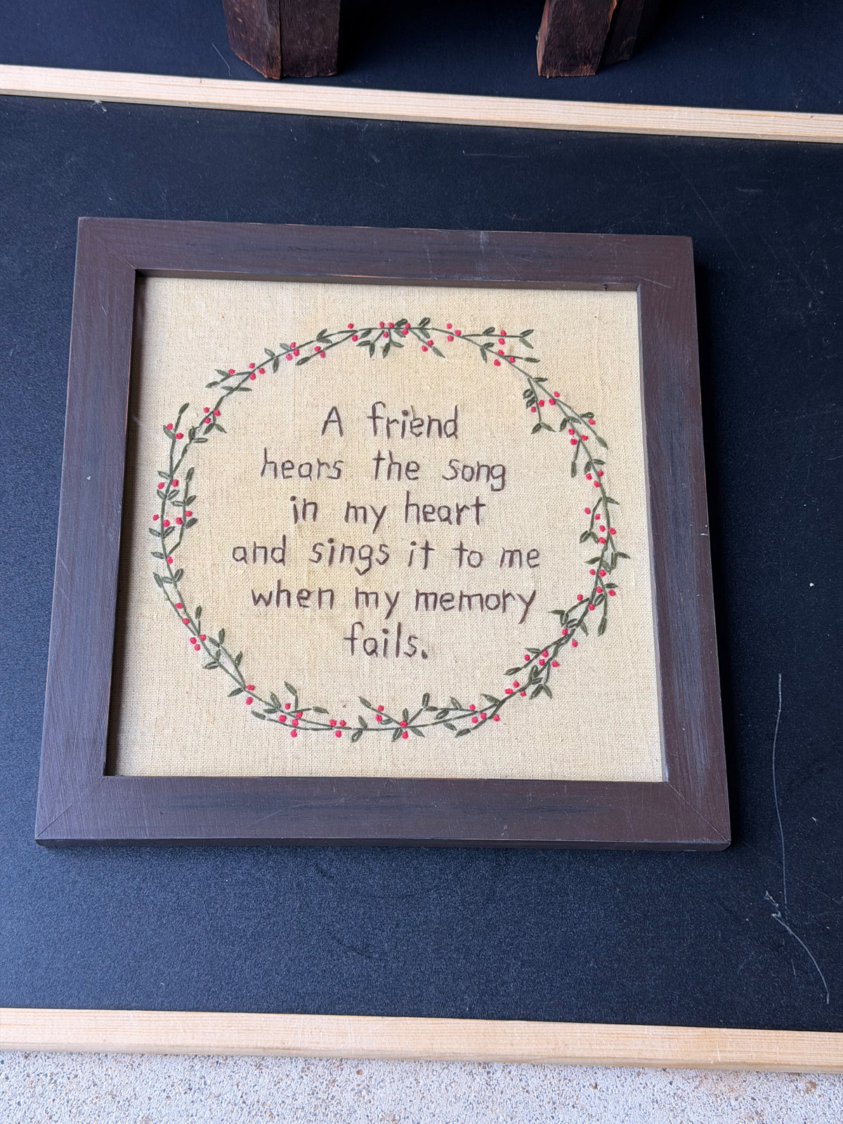 Vintage Framed Hand Embroidery A Friend Hears the Song in My Heart Wreath 10.6in