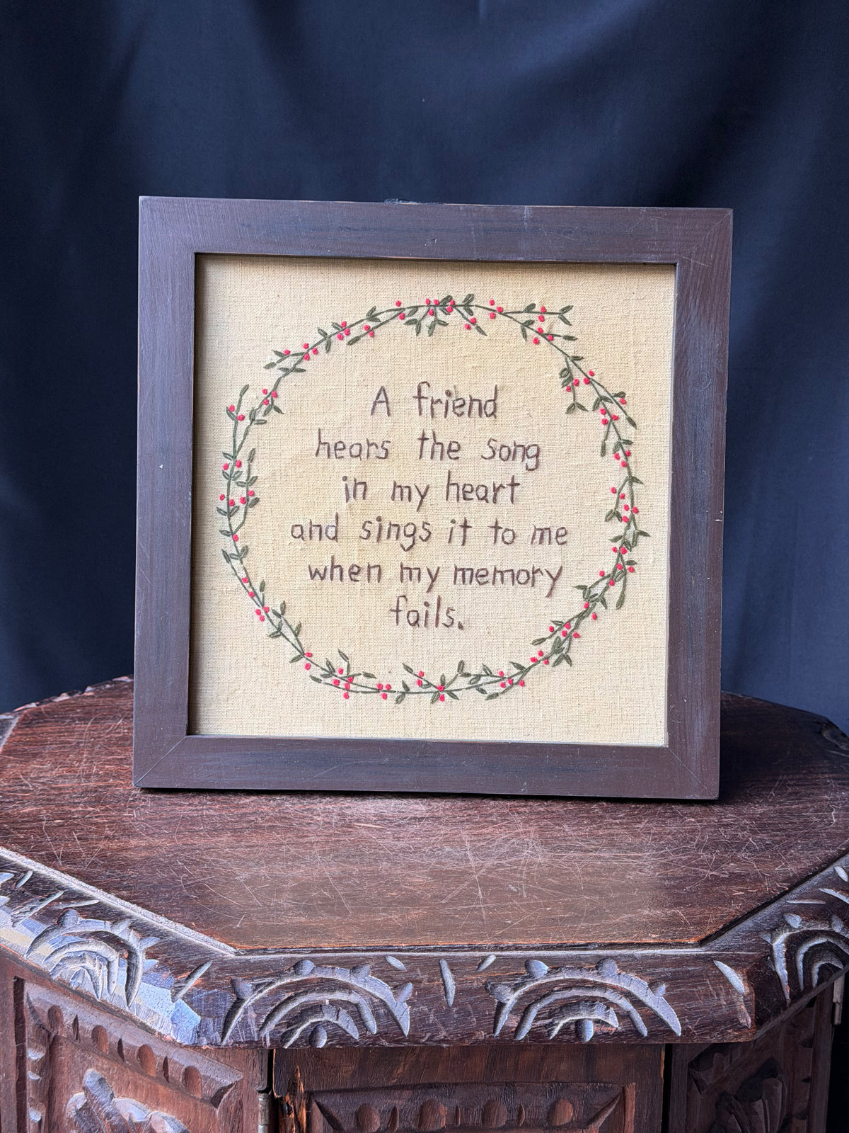 Vintage Framed Hand Embroidery A Friend Hears the Song in My Heart Wreath 10.6in