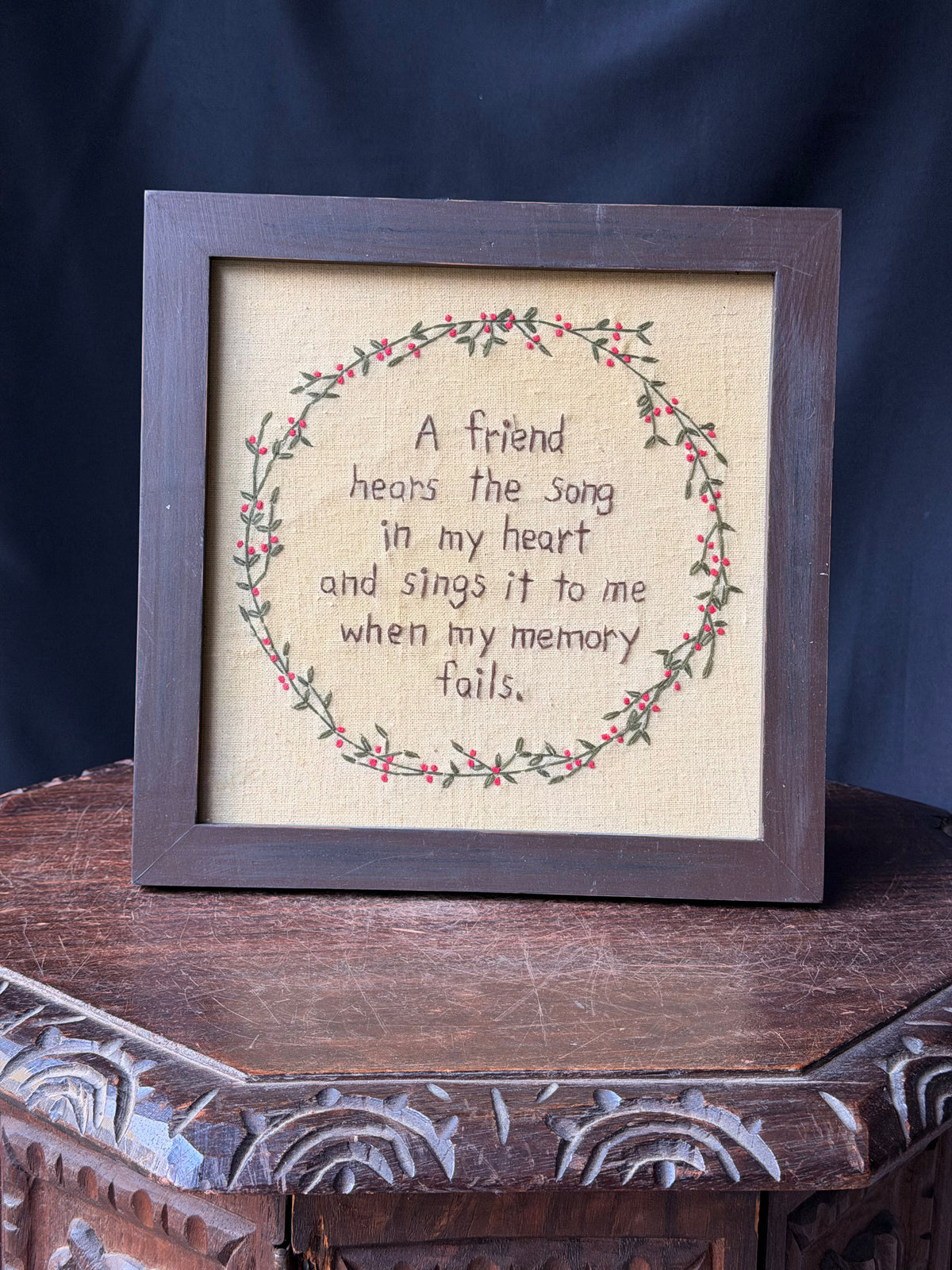 Vintage Framed Hand Embroidery A Friend Hears the Song in My Heart Wreath 10.6in