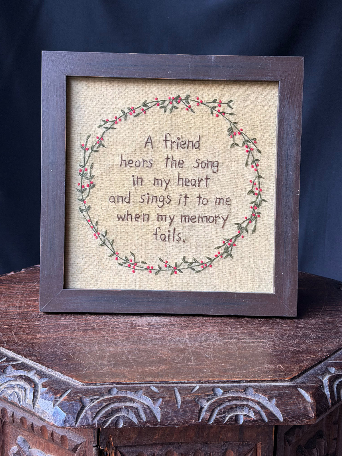 Vintage Framed Hand Embroidery A Friend Hears the Song in My Heart Wreath 10.6in
