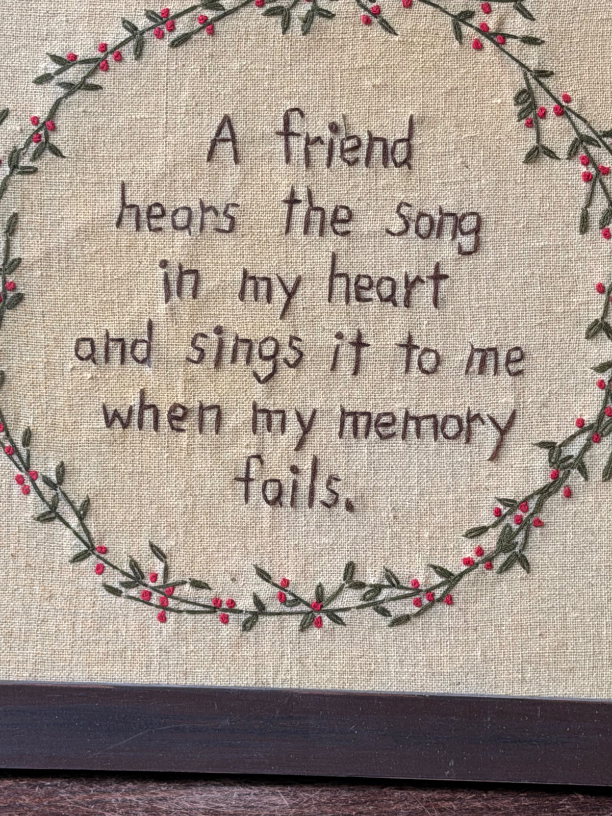 Vintage Framed Hand Embroidery A Friend Hears the Song in My Heart Wreath 10.6in